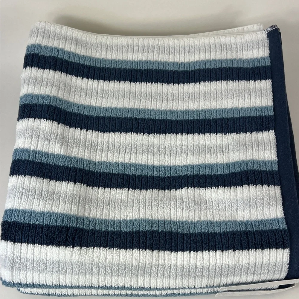 SPA Luxury Bath Towels Blue Gray White Striped Quick Dry Cotton Set of 2 NEW